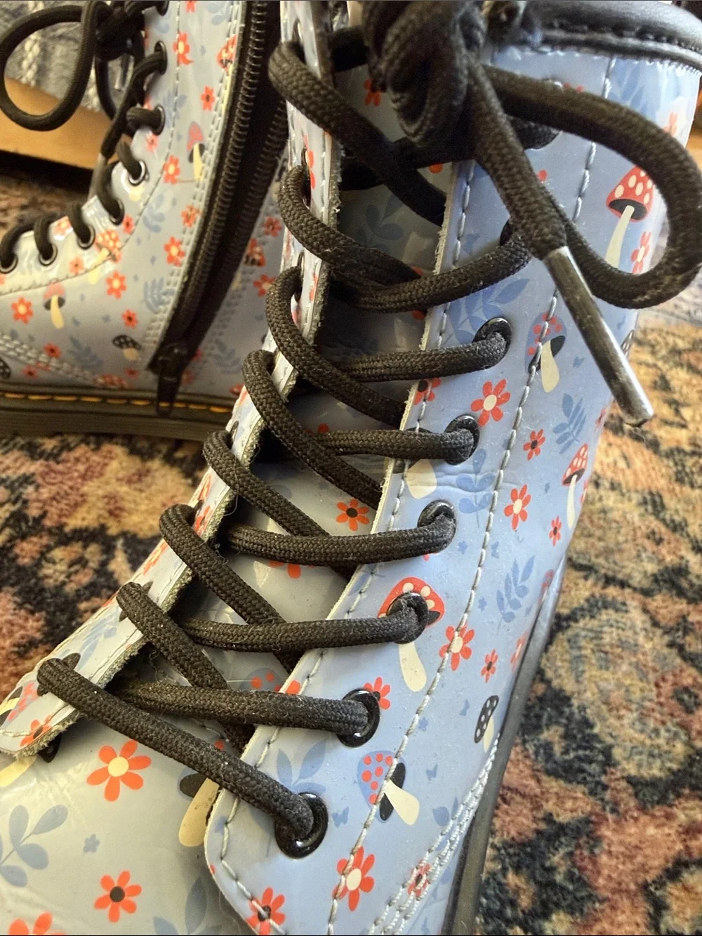 Dr. Martens Kids Light Blue Floral & Mushroom Combat Boots